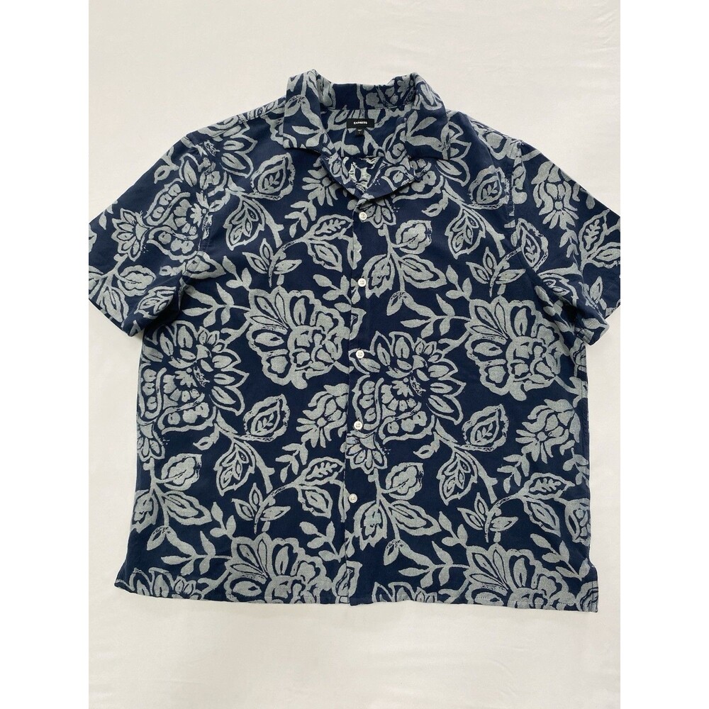 Express Men's Large Blue Floral Short Sleeve Button Down Shirt Camp Collar